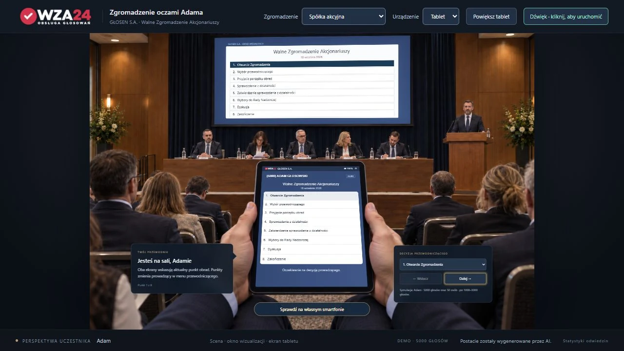 Zrzut interaktywnej symulacji WZA24: sala walnego zgromadzenia, ekran wyników i tablet uczestnika
